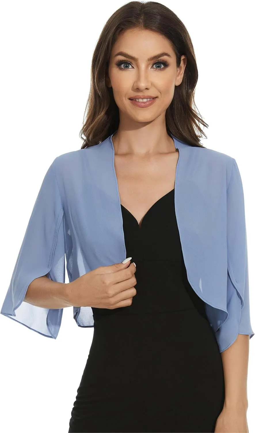 Womens Chiffon 3/4 Sleeve Shrugs Lightweight Open Front Cropped Cardigan for Dress