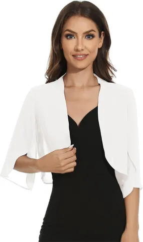 Womens Chiffon 3/4 Sleeve Shrugs Lightweight Open Front Cropped Cardigan for Dress