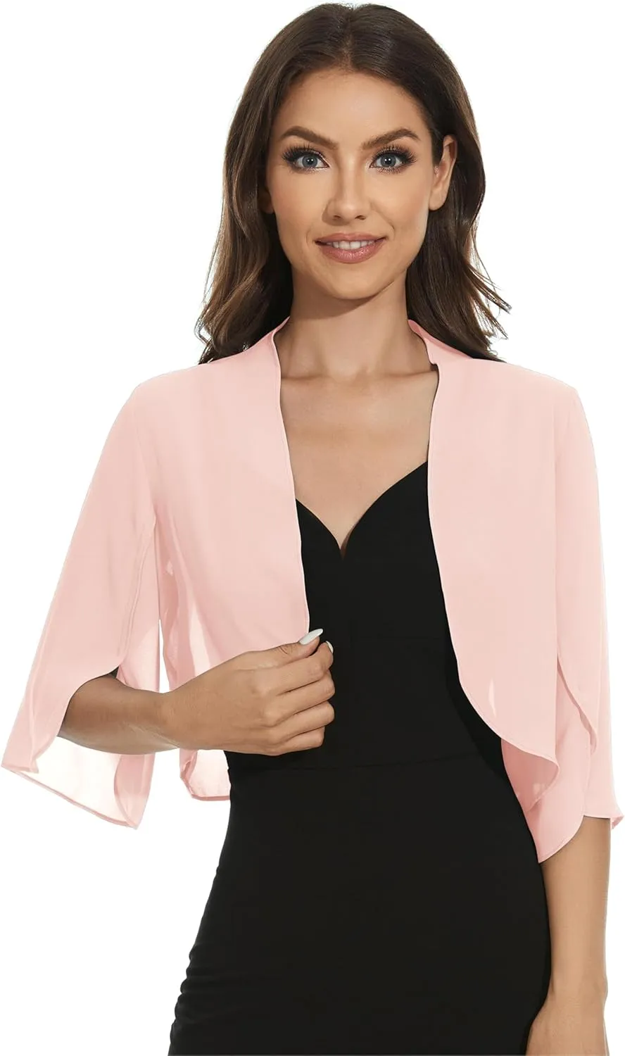 Womens Chiffon 3/4 Sleeve Shrugs Lightweight Open Front Cropped Cardigan for Dress