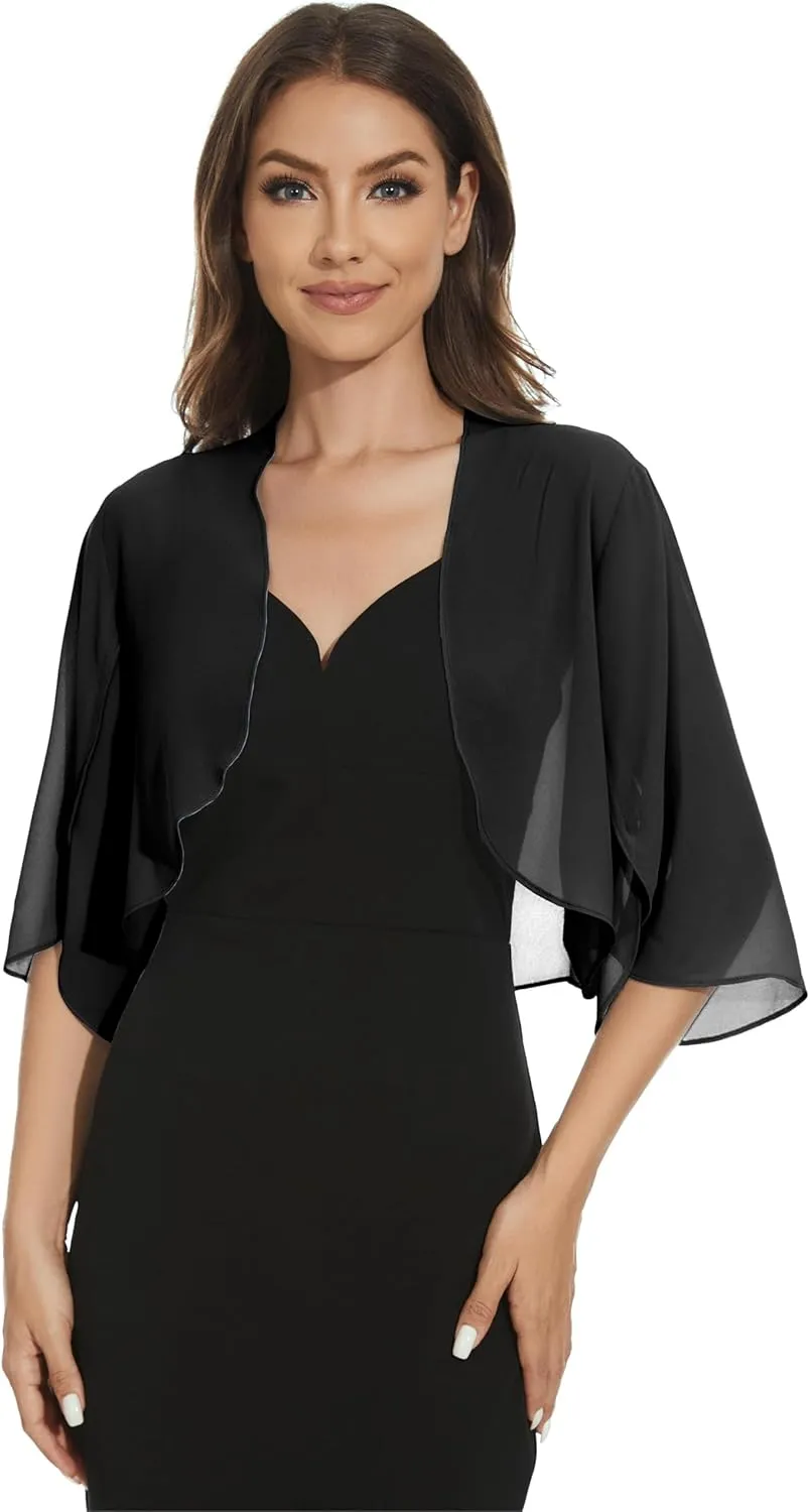 Womens Chiffon 3/4 Sleeve Shrugs Lightweight Open Front Cropped Cardigan for Dress