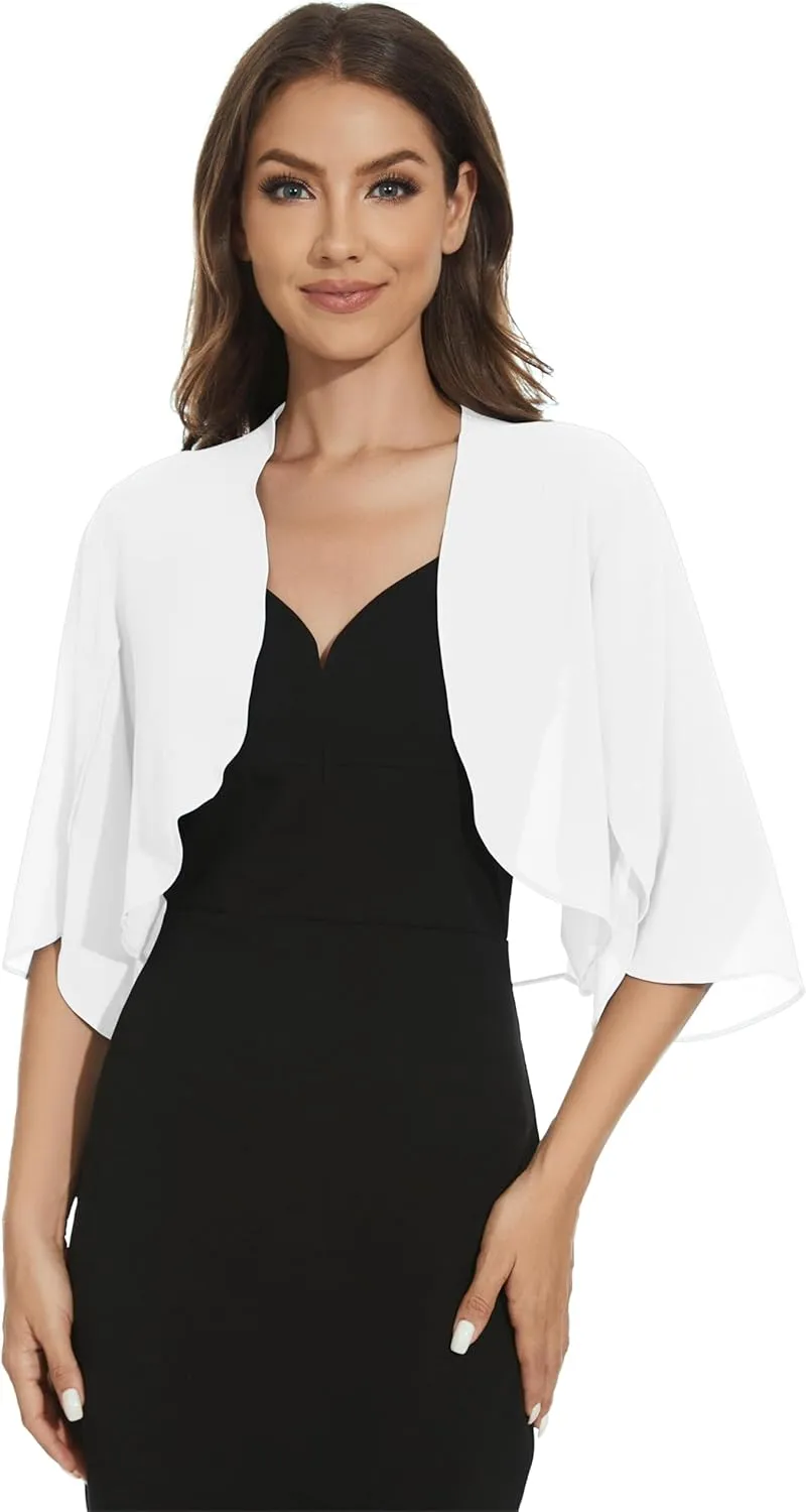 Womens Chiffon 3/4 Sleeve Shrugs Lightweight Open Front Cropped Cardigan for Dress