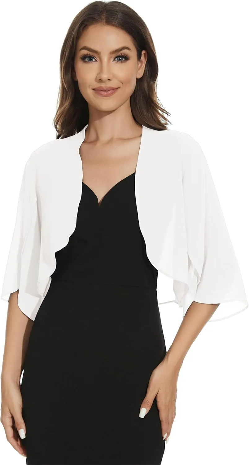 Womens Chiffon 3/4 Sleeve Shrugs Lightweight Open Front Cropped Cardigan for Dress