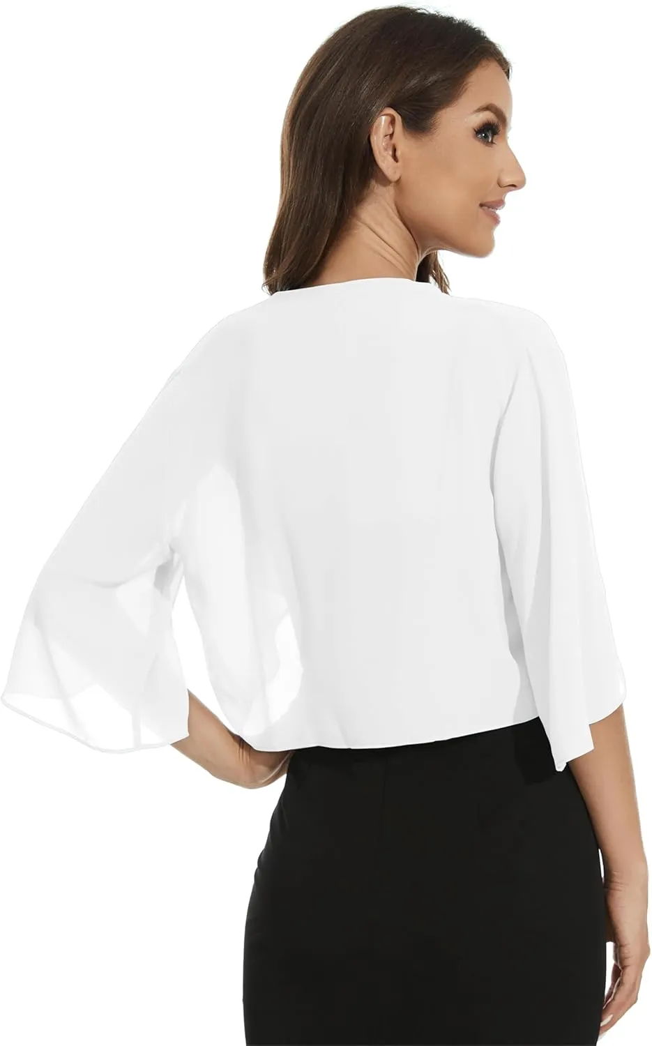 Womens Chiffon 3/4 Sleeve Shrugs Lightweight Open Front Cropped Cardigan for Dress
