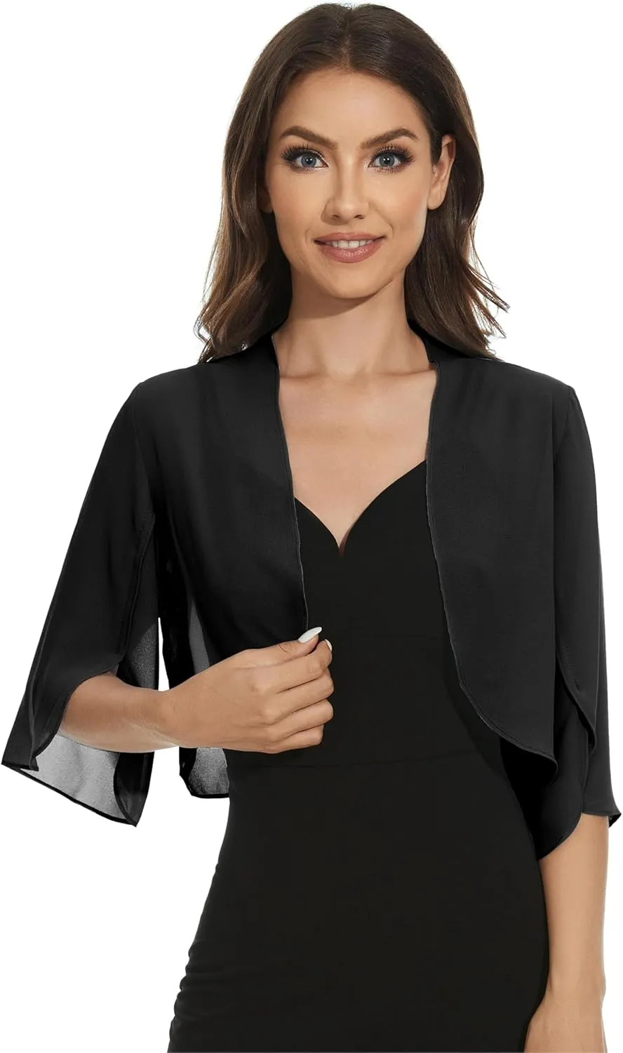 Womens Chiffon 3/4 Sleeve Shrugs Lightweight Open Front Cropped Cardigan for Dress