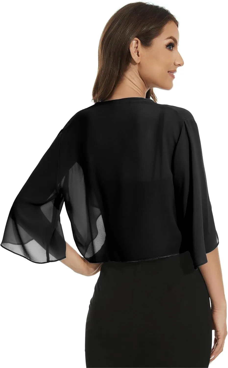 Womens Chiffon 3/4 Sleeve Shrugs Lightweight Open Front Cropped Cardigan for Dress