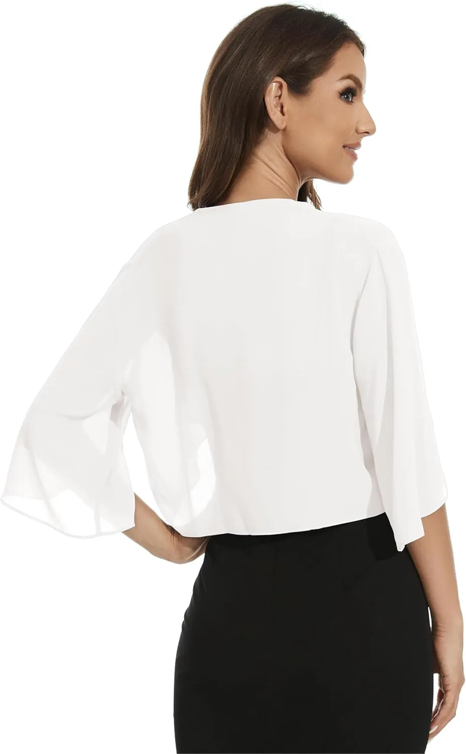 Womens Chiffon 3/4 Sleeve Shrugs Lightweight Open Front Cropped Cardigan for Dress