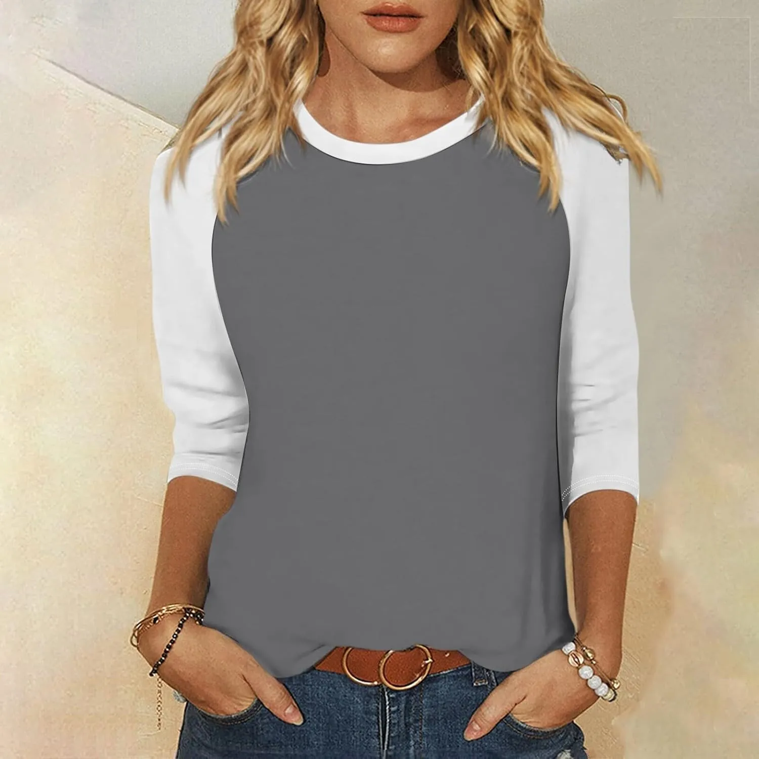 Womens Color Block Tee Crewneck 3/4 Sleeve Summer Top Pullover Lightweight Stretch Soft T Shirts 2025 Trendy Outfits