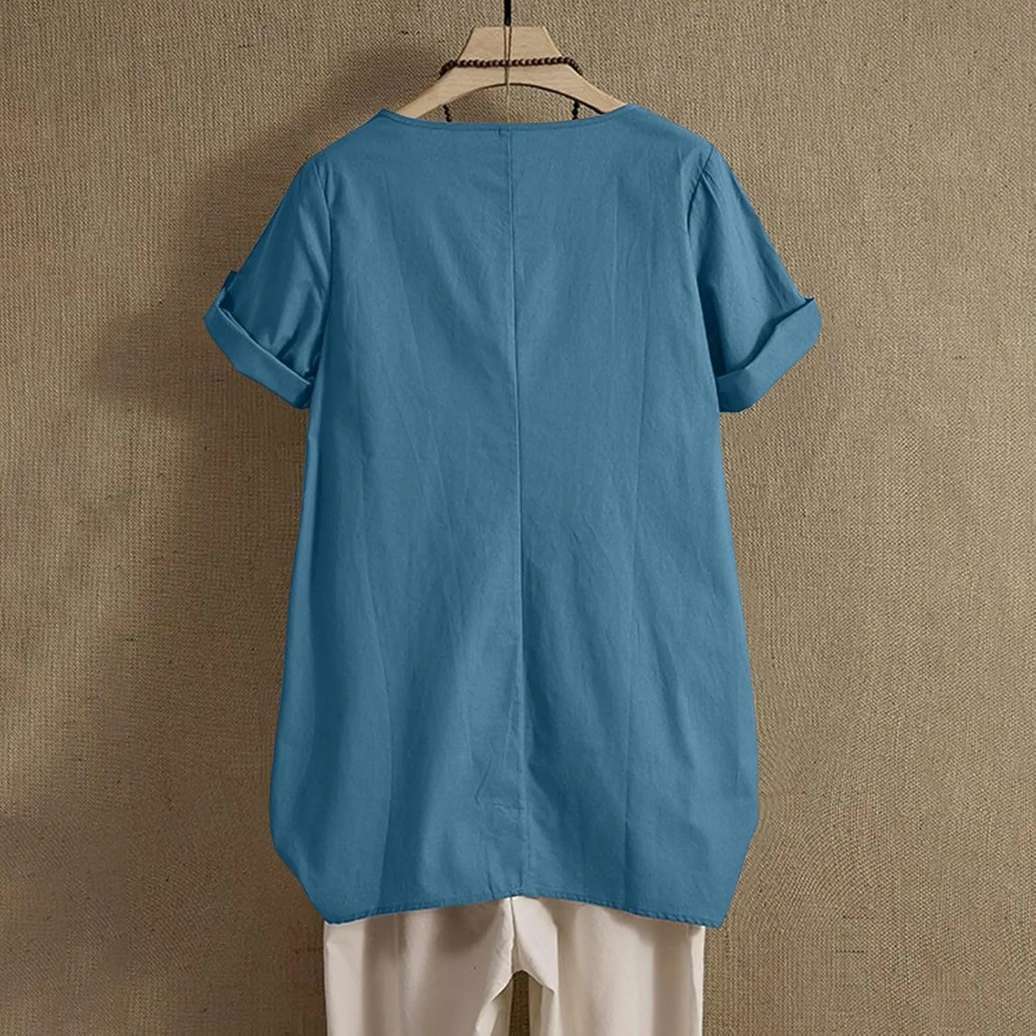 Women's Cotton Linen T Shirts Summer Crew Neck Rolled Short Sleeve Blouses Casual Loose Solid Basic Tunics Tee Tops