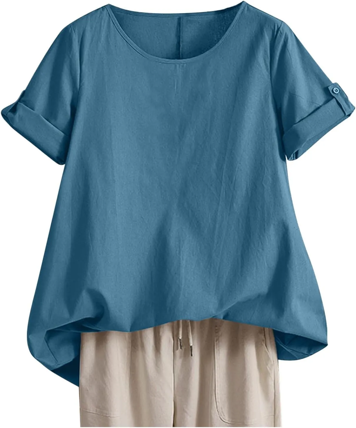 Women's Cotton Linen T Shirts Summer Crew Neck Rolled Short Sleeve Blouses Casual Loose Solid Basic Tunics Tee Tops