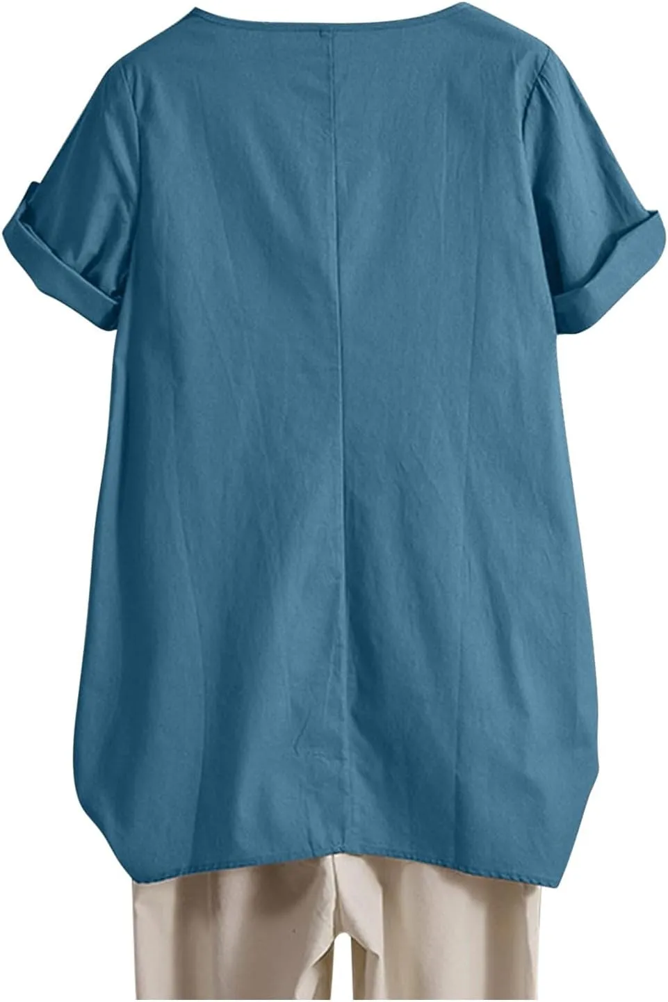 Women's Cotton Linen T Shirts Summer Crew Neck Rolled Short Sleeve Blouses Casual Loose Solid Basic Tunics Tee Tops