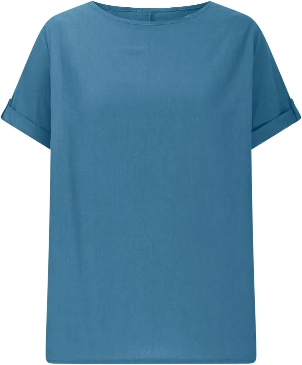 Women's Cotton Linen T Shirts Summer Crew Neck Rolled Short Sleeve Blouses Casual Loose Solid Basic Tunics Tee Tops