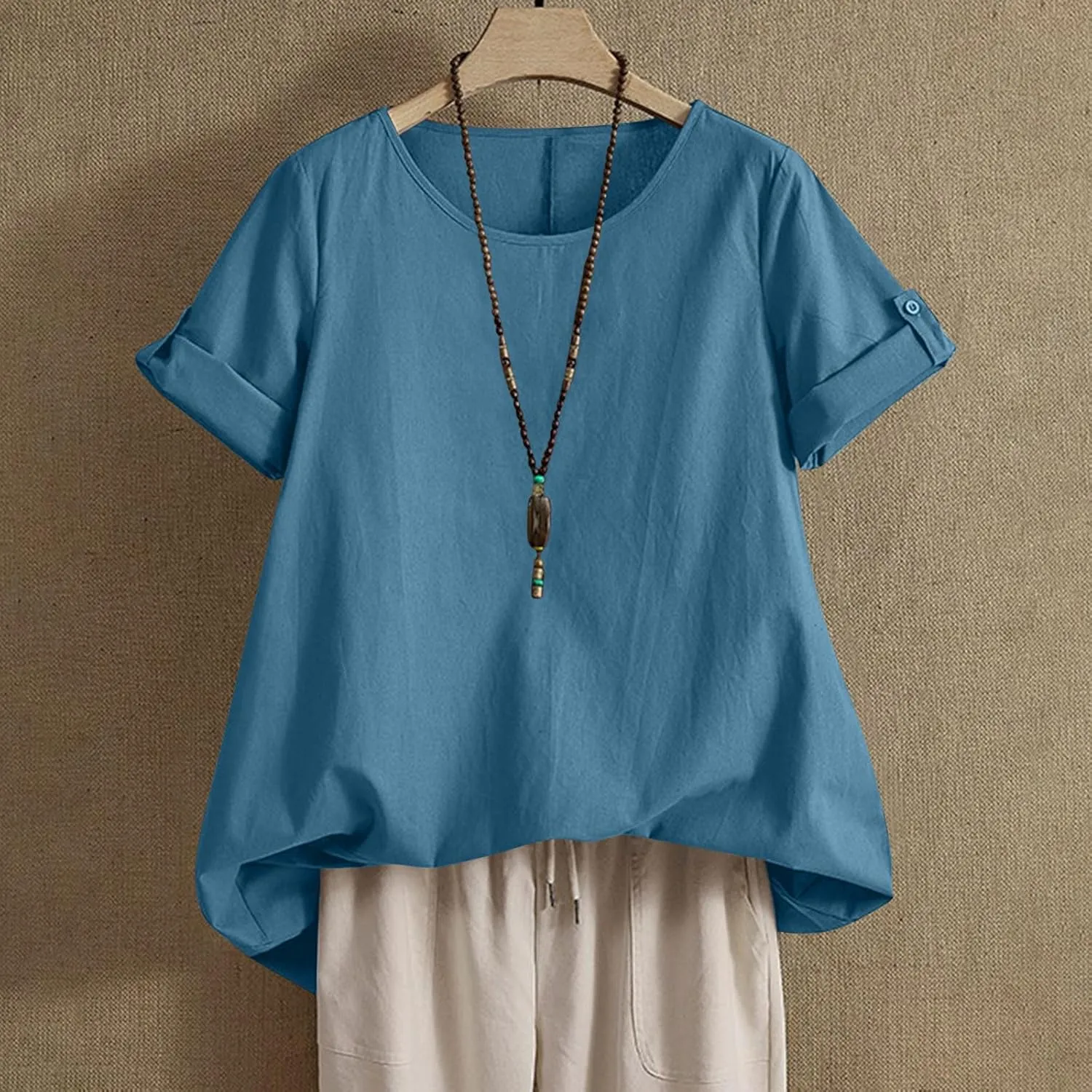 Women's Cotton Linen T Shirts Summer Crew Neck Rolled Short Sleeve Blouses Casual Loose Solid Basic Tunics Tee Tops