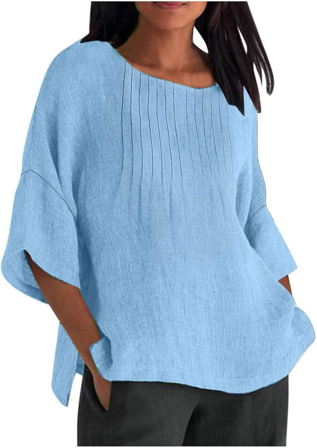 Womens Linen Shirts and Blouses 3/4 Length Sleeve Lace Embroidery Tunic Short Sleeve Blouse Casual Loose Elegant Tops
