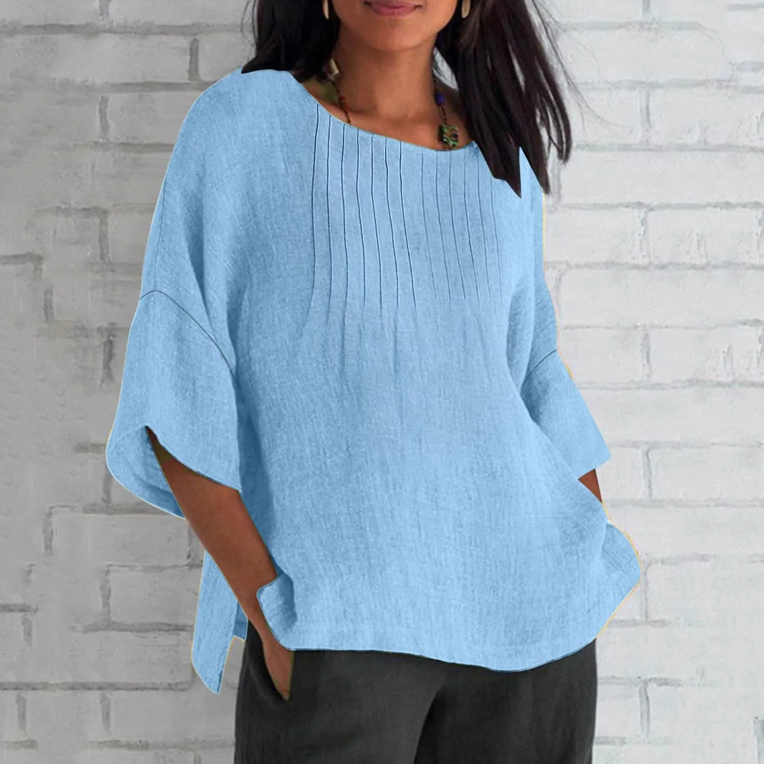 Womens Linen Shirts and Blouses 3/4 Length Sleeve Lace Embroidery Tunic Short Sleeve Blouse Casual Loose Elegant Tops