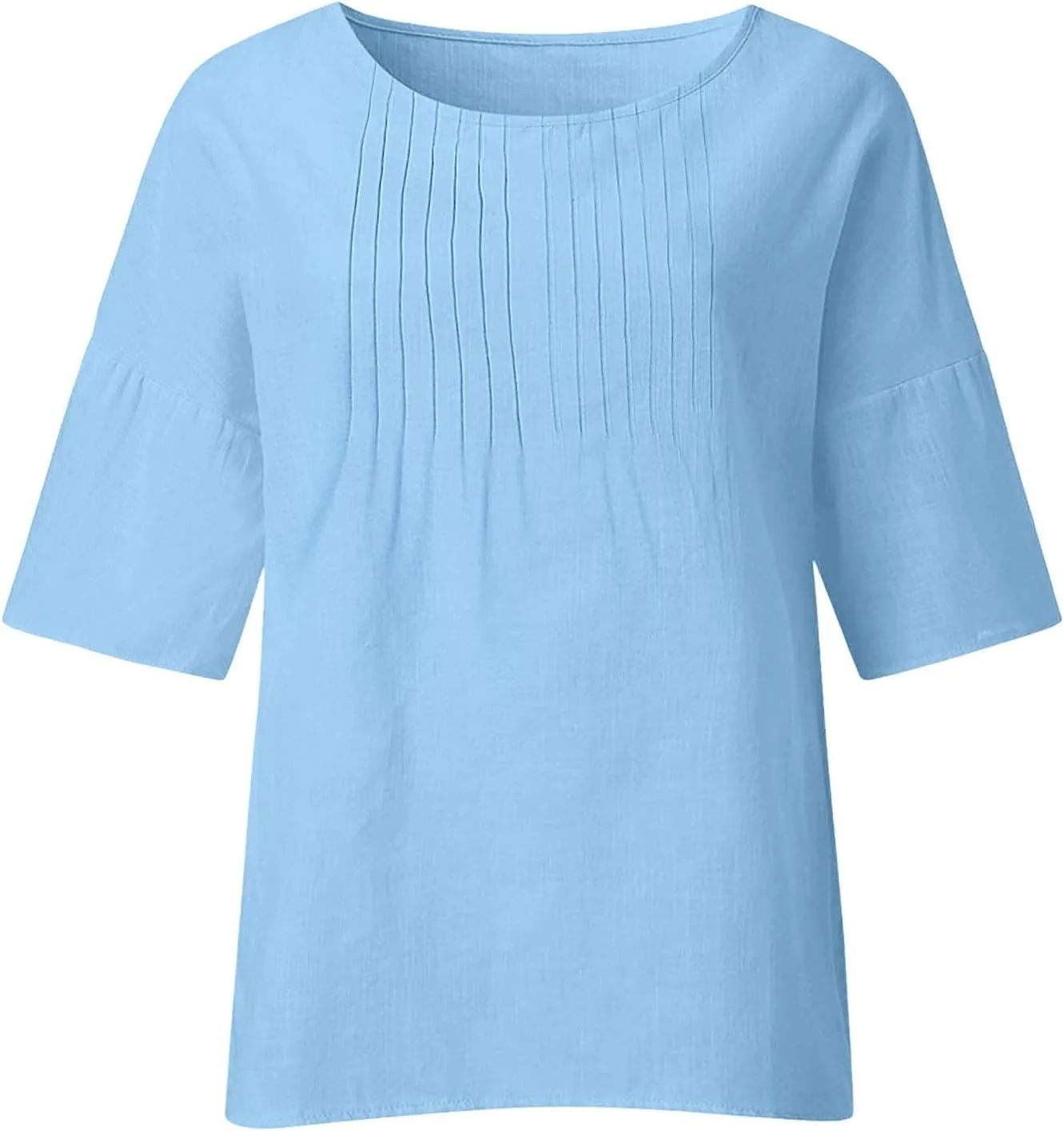 Womens Linen Shirts and Blouses 3/4 Length Sleeve Lace Embroidery Tunic Short Sleeve Blouse Casual Loose Elegant Tops