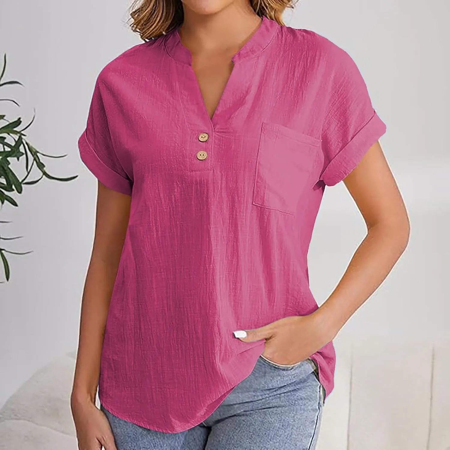 Womens Linen Tops Summer Casual Button Down V Neck Tops Short Sleeve Cotton Blouses Casual Vacation Clothes Outfits