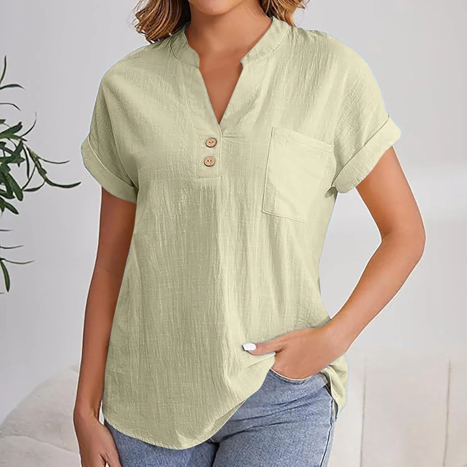 Womens Linen Tops Summer Casual Button Down V Neck Tops Short Sleeve Cotton Blouses Casual Vacation Clothes Outfits