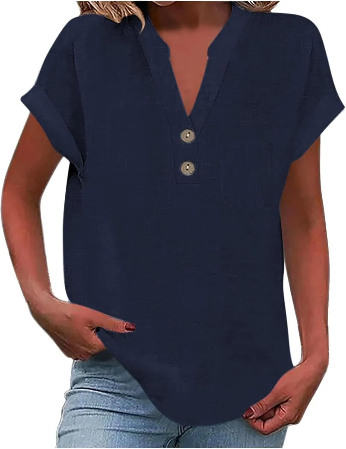 Womens Linen Tops Summer Casual Button Down V Neck Tops Short Sleeve Cotton Blouses Casual Vacation Clothes Outfits