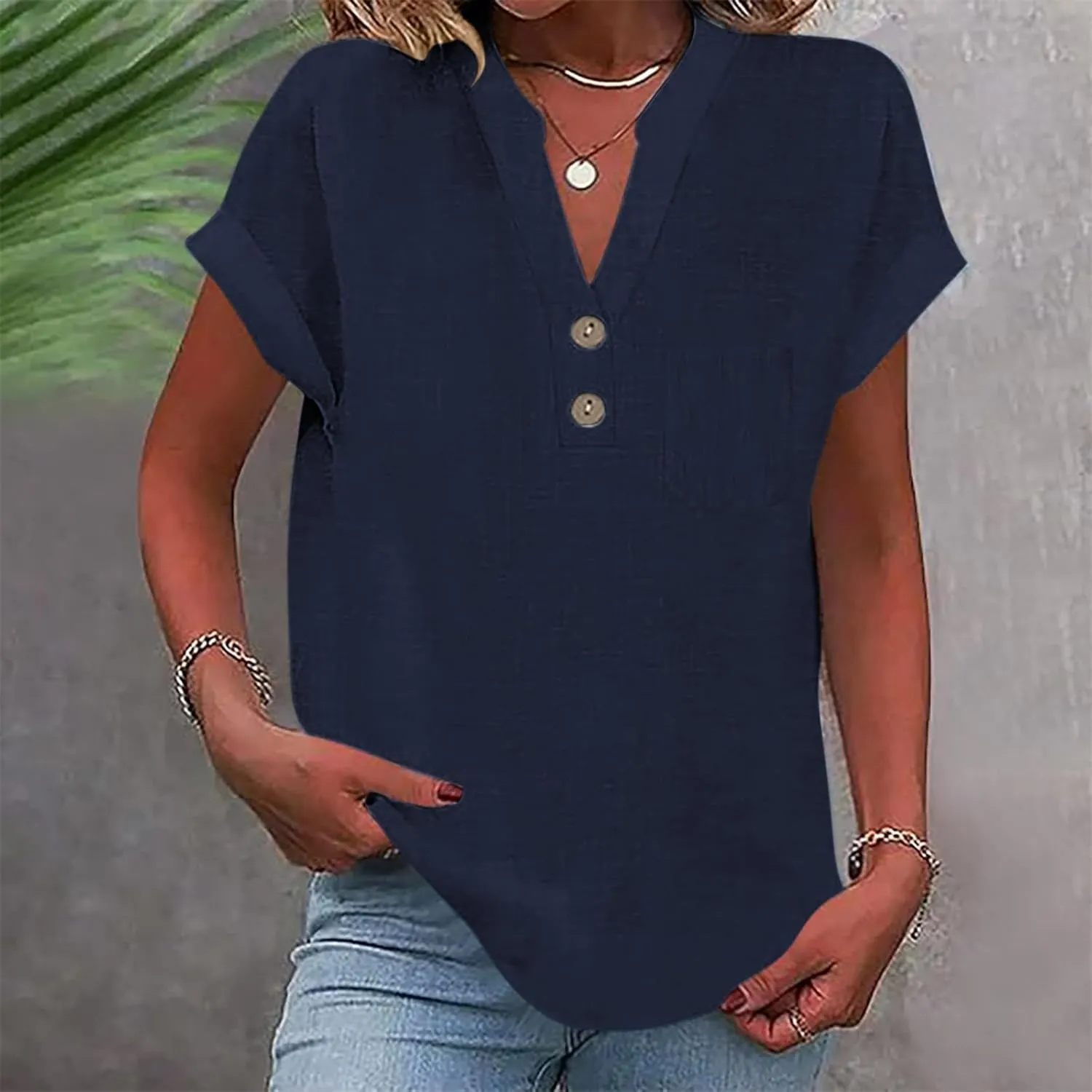 Womens Linen Tops Summer Casual Button Down V Neck Tops Short Sleeve Cotton Blouses Casual Vacation Clothes Outfits