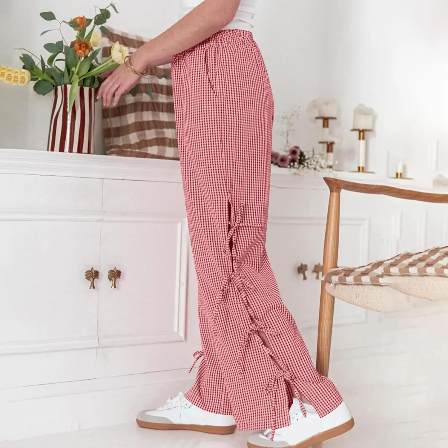 Women's Plaid Printed Wide Leg Straight Pants Lace Up Elastic Waist Trousers Fashion Soft Pants with Pockets