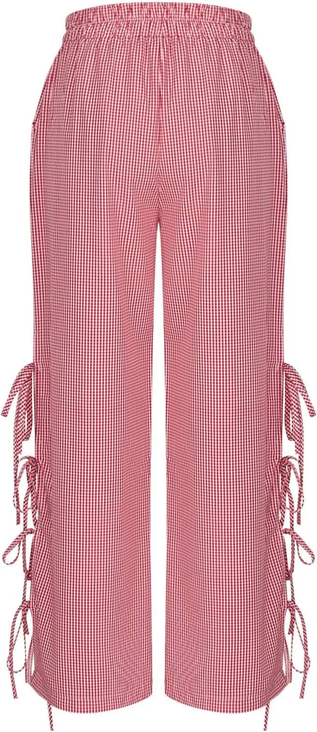 Women's Plaid Printed Wide Leg Straight Pants Lace Up Elastic Waist Trousers Fashion Soft Pants with Pockets
