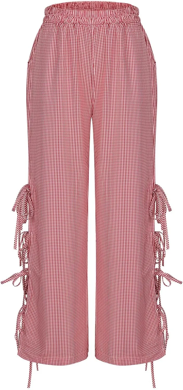 Women's Plaid Printed Wide Leg Straight Pants Lace Up Elastic Waist Trousers Fashion Soft Pants with Pockets