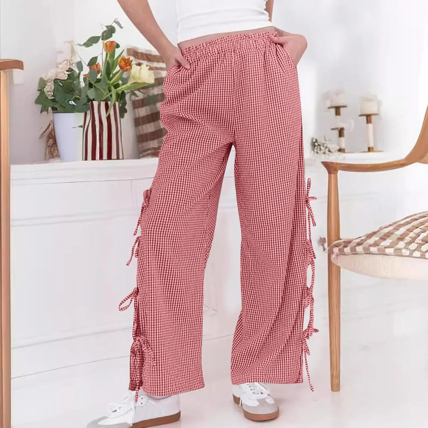 Women's Plaid Printed Wide Leg Straight Pants Lace Up Elastic Waist Trousers Fashion Soft Pants with Pockets