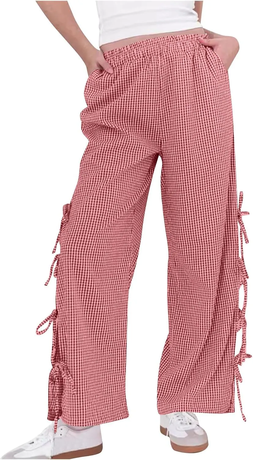 Women's Plaid Printed Wide Leg Straight Pants Lace Up Elastic Waist Trousers Fashion Soft Pants with Pockets