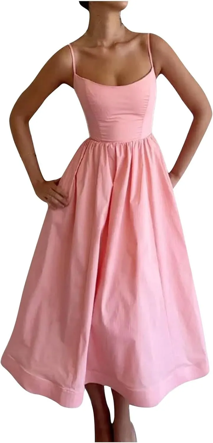 Womens Smocked Maxi Dresses Spaghetti Strap Square Neck Swing A Line Dress 2025 Summer Chic Flowy Beach Sexy Sundress
