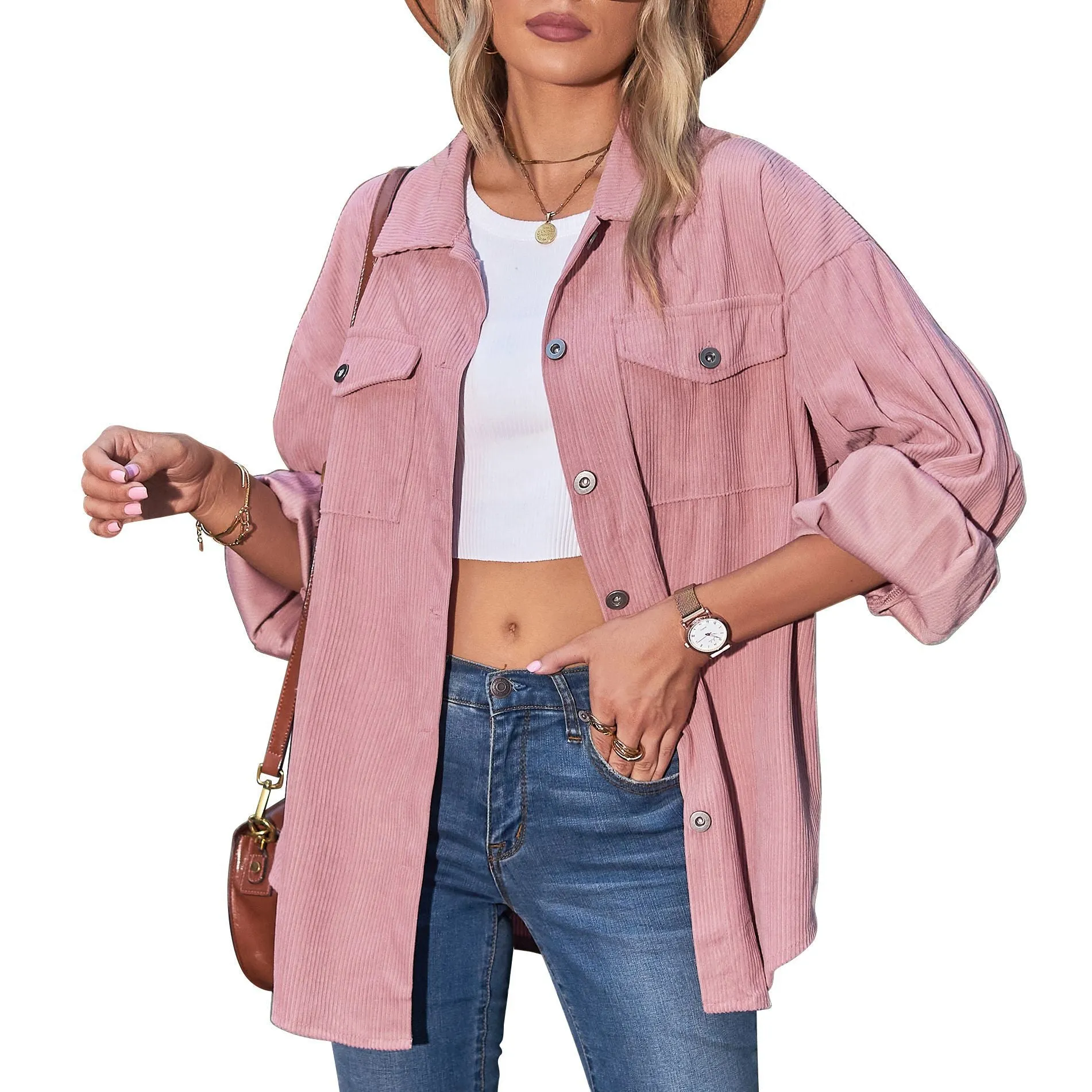 Women's Street Hipster Casual Loose Lantern Sleeve Corduroy Shirt
