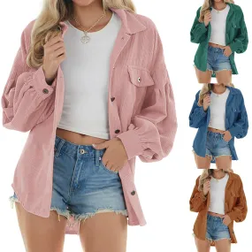 Women's Street Hipster Casual Loose Lantern Sleeve Corduroy Shirt