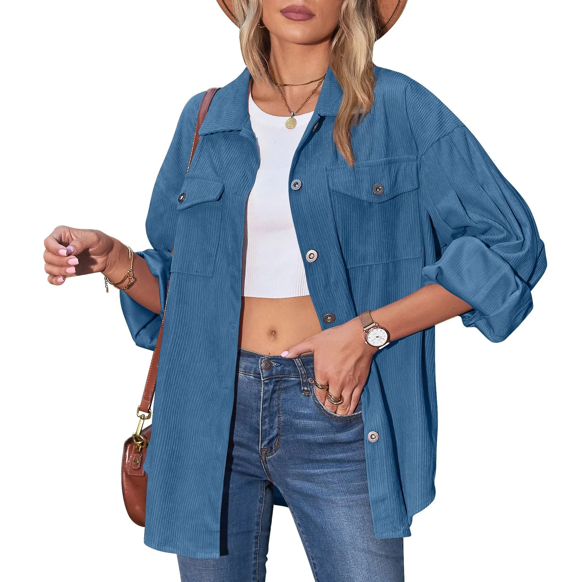 Women's Street Hipster Casual Loose Lantern Sleeve Corduroy Shirt