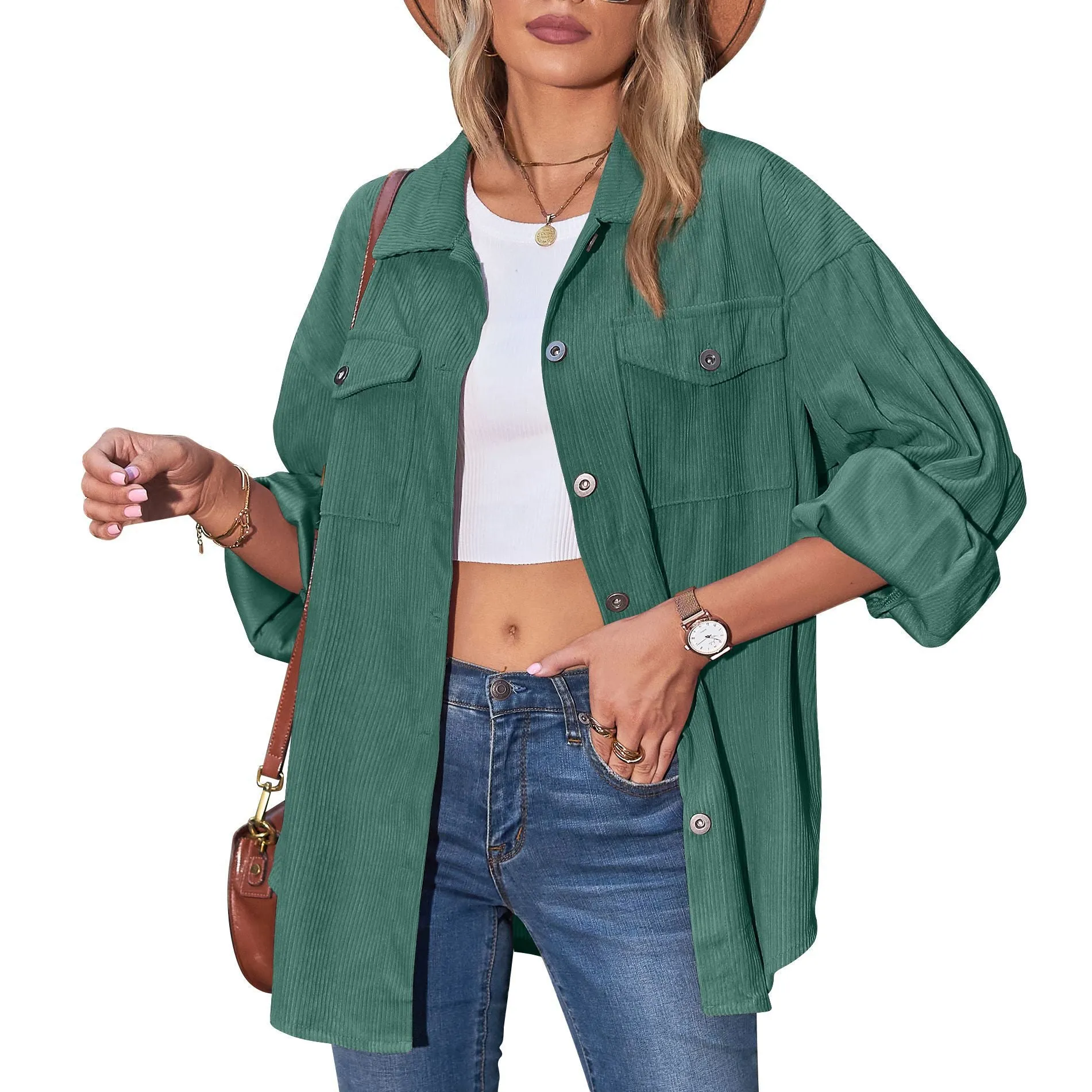 Women's Street Hipster Casual Loose Lantern Sleeve Corduroy Shirt