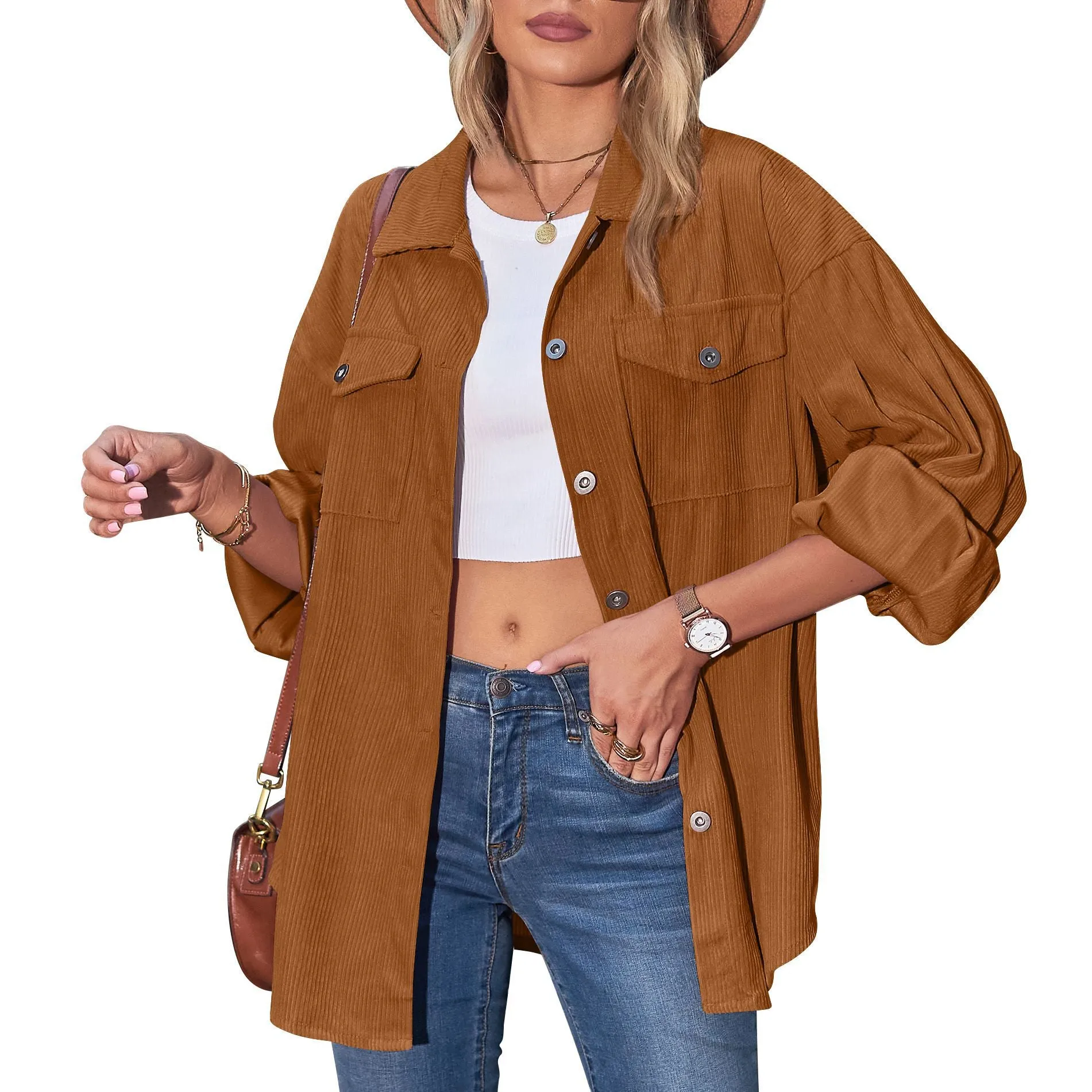 Women's Street Hipster Casual Loose Lantern Sleeve Corduroy Shirt