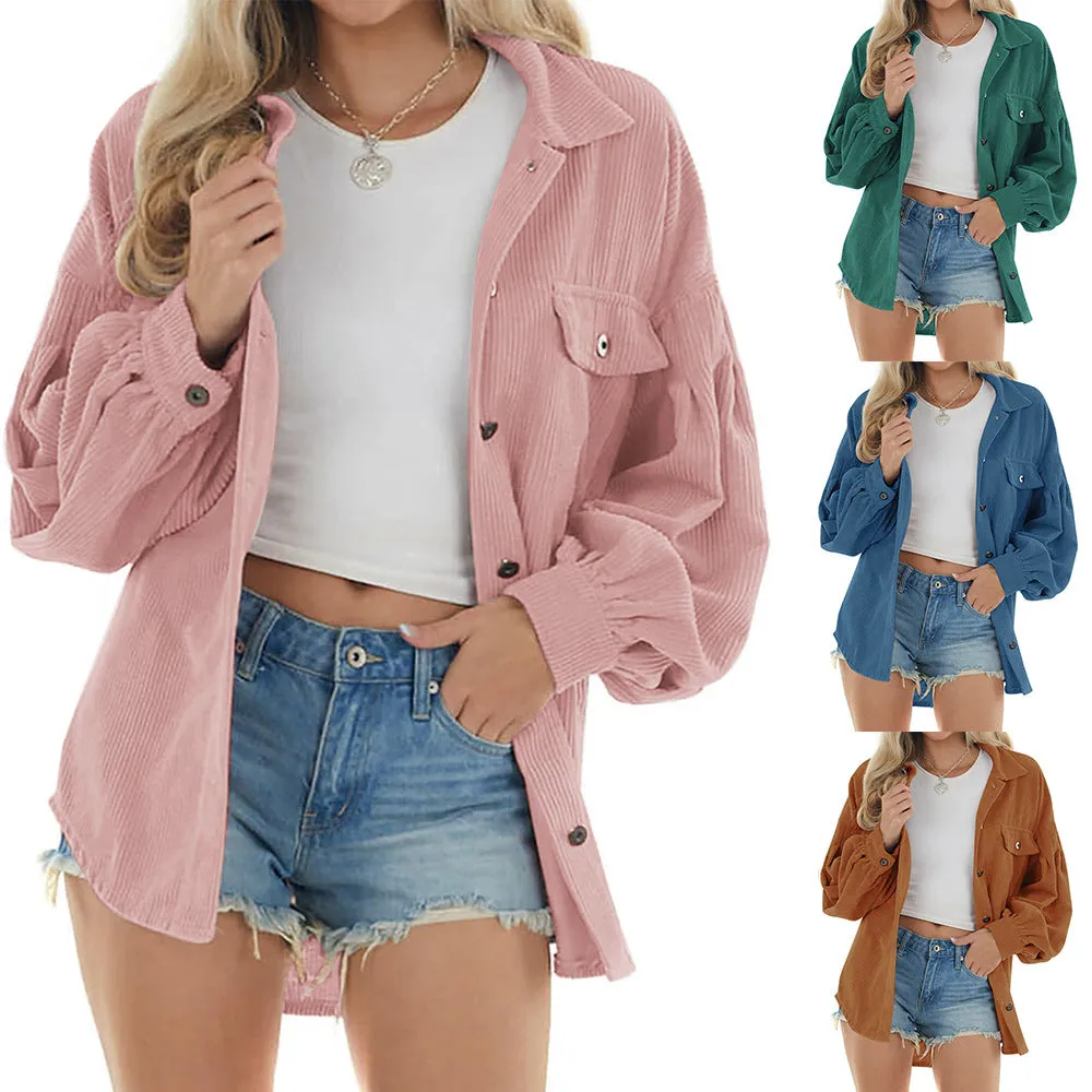Women's Street Hipster Casual Loose Lantern Sleeve Corduroy Shirt