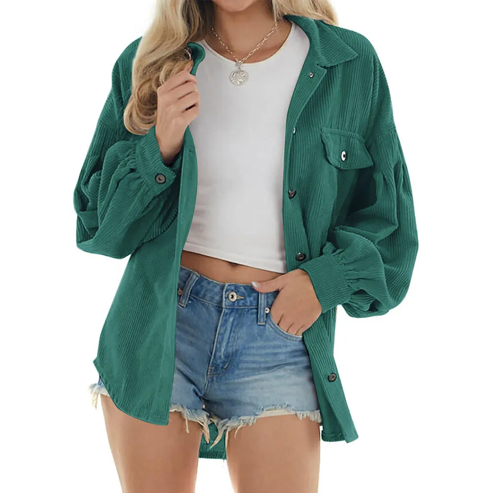 Women's Street Hipster Casual Loose Lantern Sleeve Corduroy Shirt