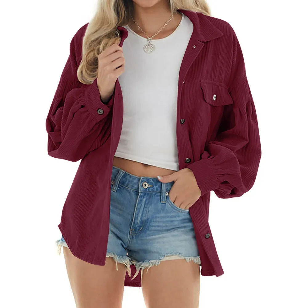 Women's Street Hipster Casual Loose Lantern Sleeve Corduroy Shirt