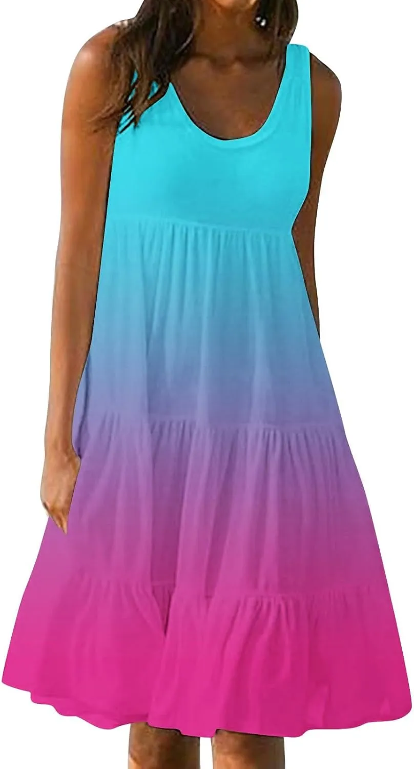 Womens Summer Sleeveless Dresses Beach Vacation Casual Sundress Gradient Ruffle Tiered Flowy A-Line Boho Dress