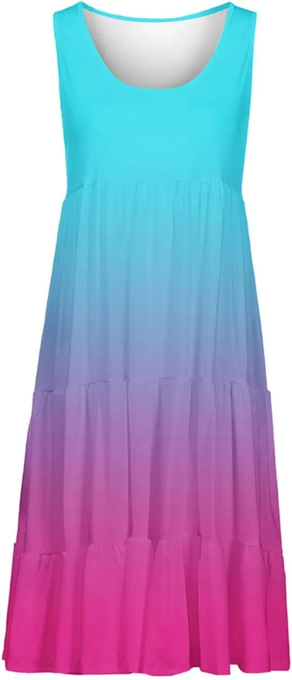 Womens Summer Sleeveless Dresses Beach Vacation Casual Sundress Gradient Ruffle Tiered Flowy A-Line Boho Dress