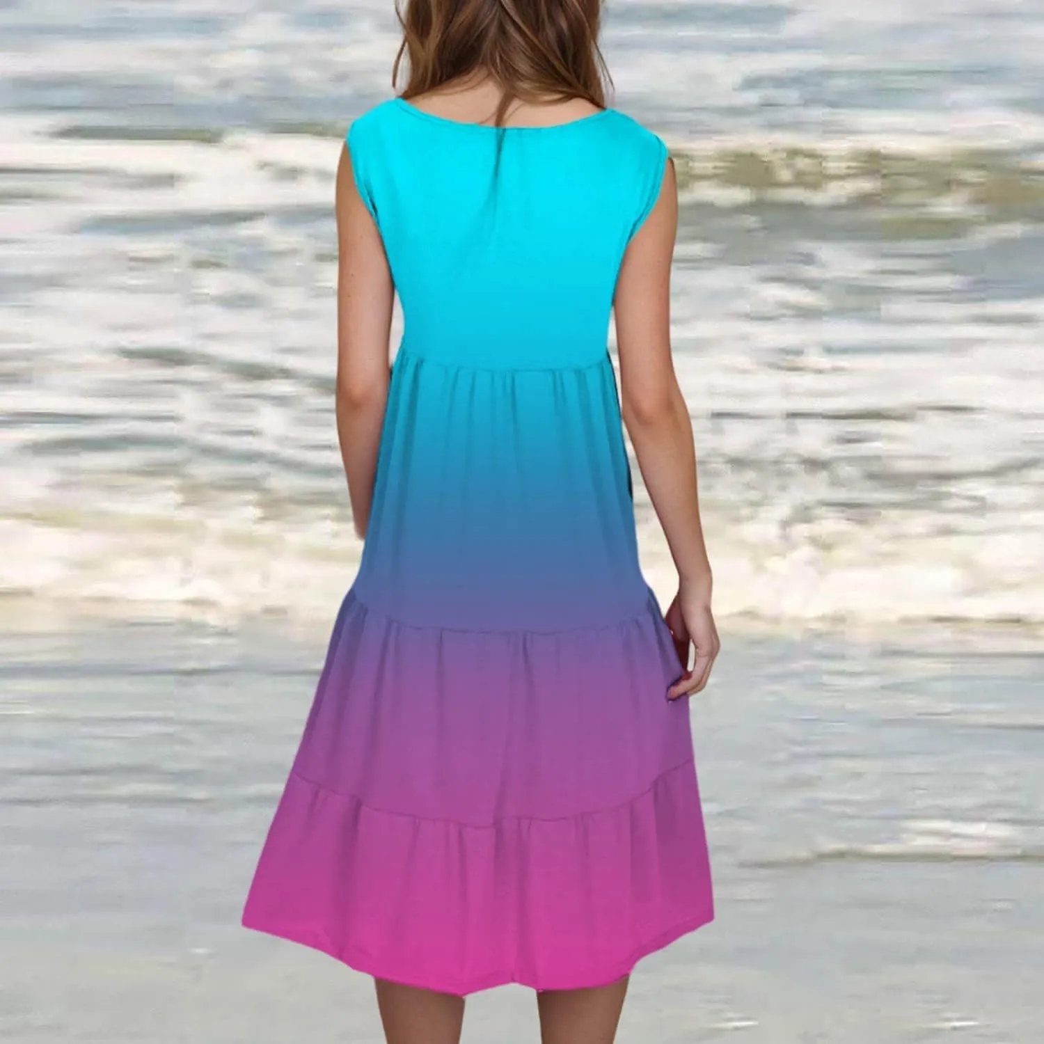 Womens Summer Sleeveless Dresses Beach Vacation Casual Sundress Gradient Ruffle Tiered Flowy A-Line Boho Dress