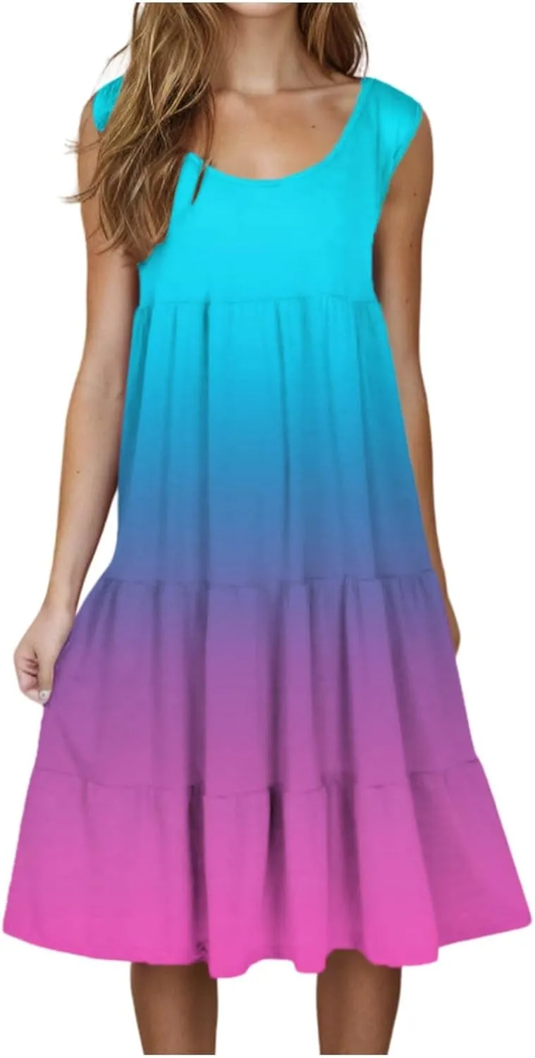 Womens Summer Sleeveless Dresses Beach Vacation Casual Sundress Gradient Ruffle Tiered Flowy A-Line Boho Dress