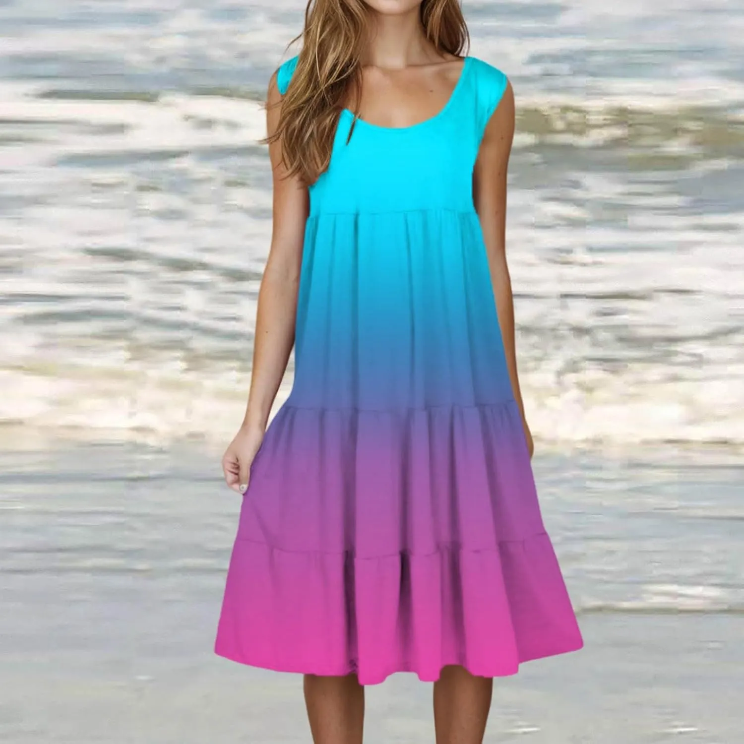 Womens Summer Sleeveless Dresses Beach Vacation Casual Sundress Gradient Ruffle Tiered Flowy A-Line Boho Dress