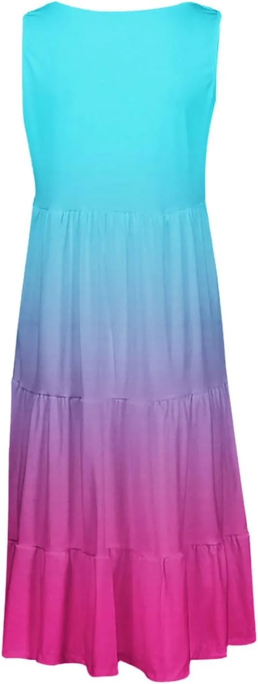 Womens Summer Sleeveless Dresses Beach Vacation Casual Sundress Gradient Ruffle Tiered Flowy A-Line Boho Dress