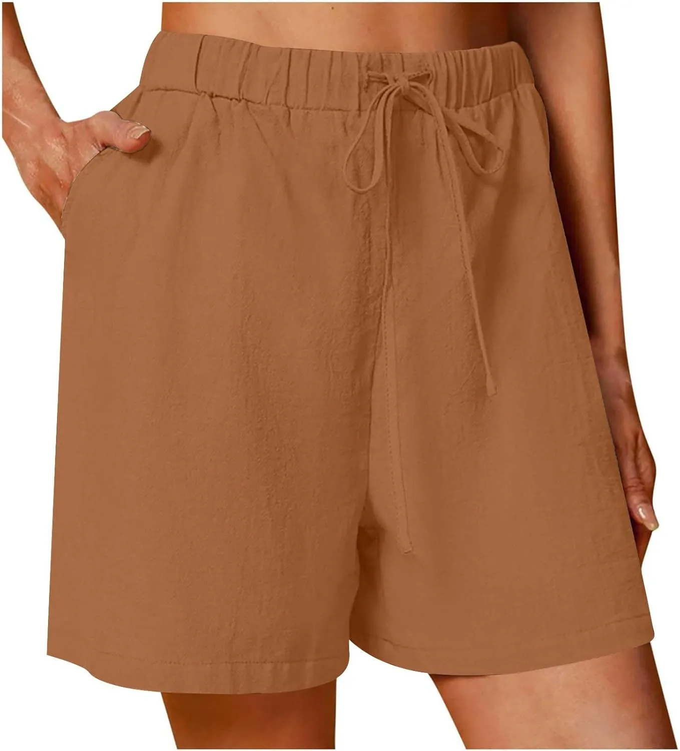 Womens Workout Shorts Linen Drawstring Short Trousers Breathable Elastic Waisted Short Pants Solid Casual Shorts