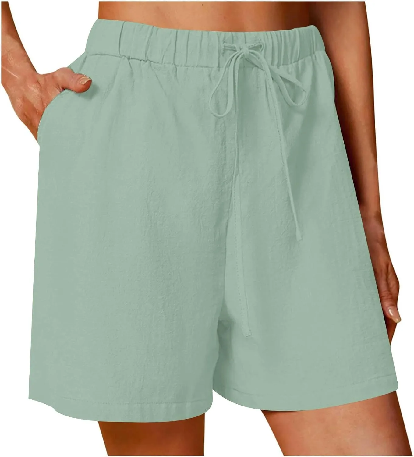 Womens Workout Shorts Linen Drawstring Short Trousers Breathable Elastic Waisted Short Pants Solid Casual Shorts