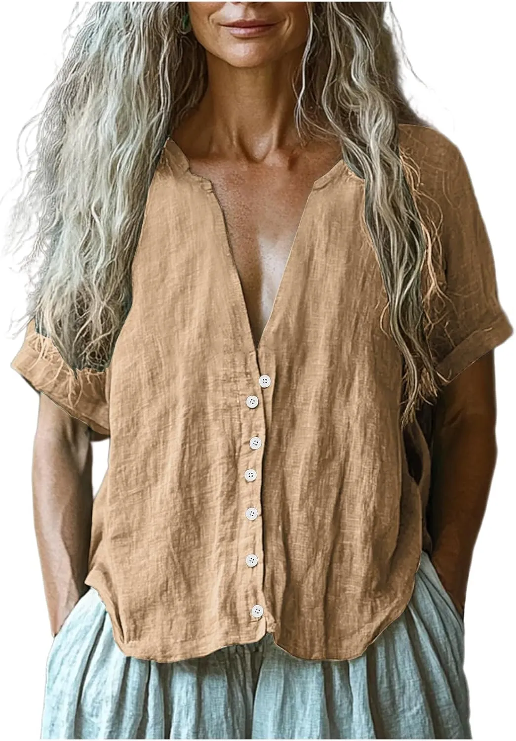 Xiaojmake Women 100% Linen Hawaiian Shirt Casual Short Sleeve Button Down Cotton Gauze Shirts Casual Beach Yoga Tunic Blouses