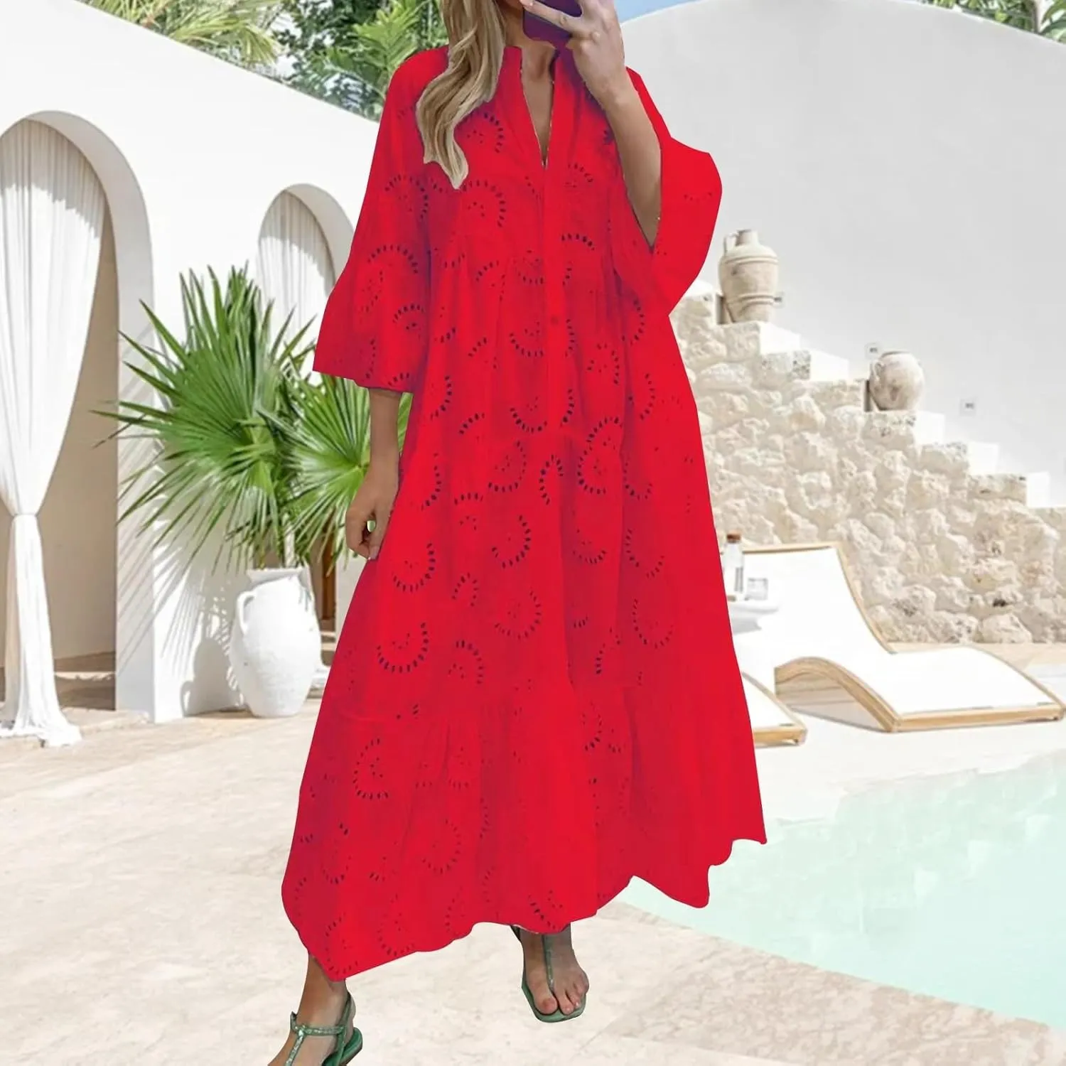 XOWRTE Summer Dresses for Women 2025,Plus Size Casual Cute Babydoll Dress,Tiered Ruffle Flowy Boho Beach Sundress Hollow Out