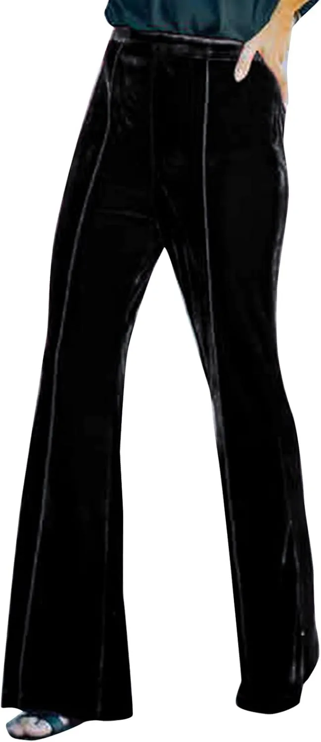 ZYXTIM Womens Classic Cozy Crushed Velvet Flared Bootcut Pants High Waisted Straight Wide Leg Palazzo Lounge Trousers